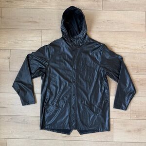 RAINS Drip Long Water & Windproof Rain Jacket Coat Black Hooded Snap Front S/M